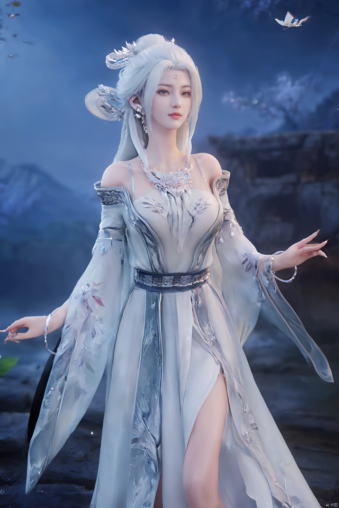 (masterpiece,best quality),1girl, solo, long hair, (big breasts:1.69), looking at viewer, dress, bare shoulders, jewelry, white hair, earrings, detached sleeves, wings, necklace, white dress, lips, tiara,Xtianhuxiaobai,Maple leaves, flowers,waterfalls, volcanoes,
