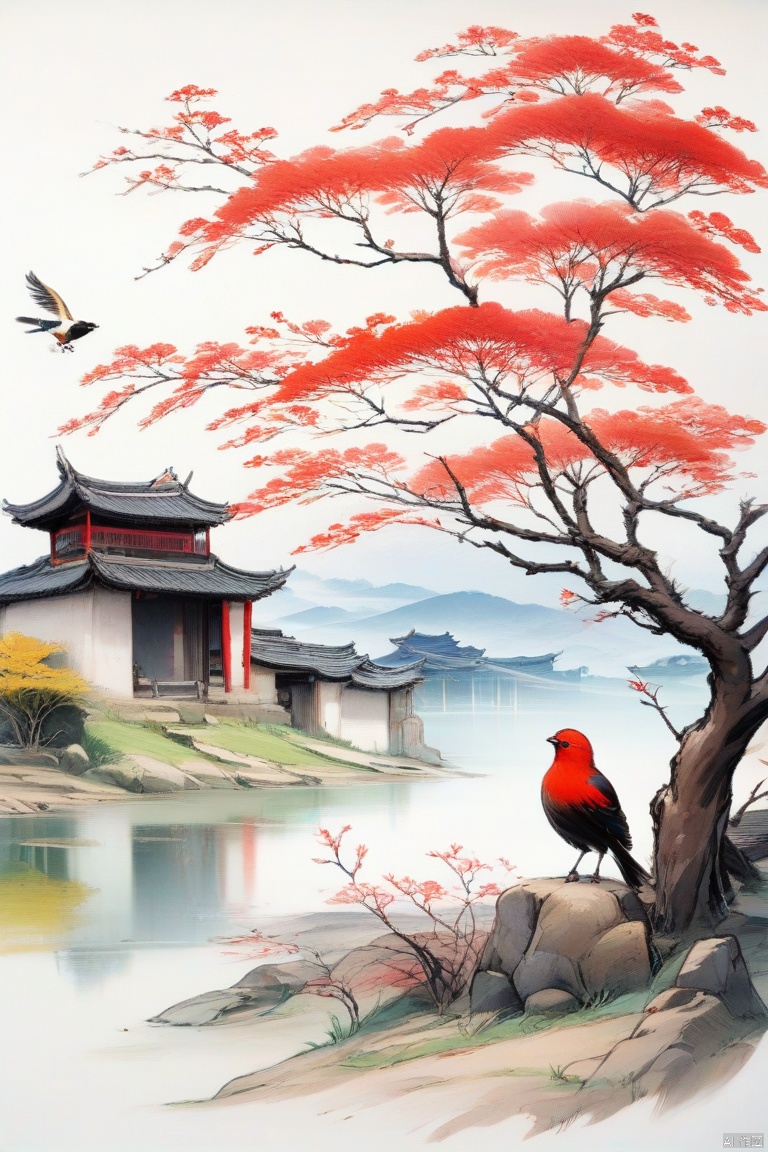 countryside,tree,bird,8k,china, vivid ink painting with chinese style, by Feng Zikai,