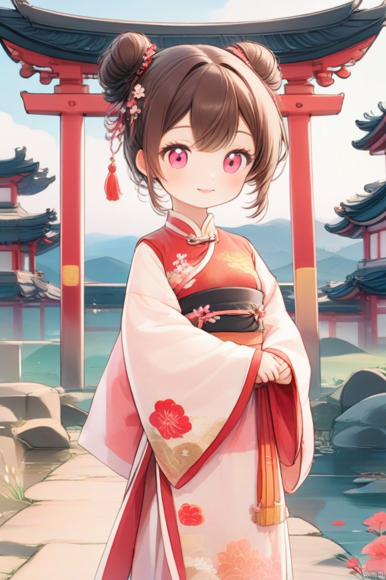 1girl, solo, long hair, looking at viewer, blush, smile, bangs, brown hair, black hair, hair ornament, red eyes, long sleeves, closed mouth, standing, flower, sidelocks, outdoors, japanese clothes, hair flower, wide sleeves, pink eyes, kimono, hair bun, sash, double bun, chinese clothes, floral print, white flower, tassel, torii