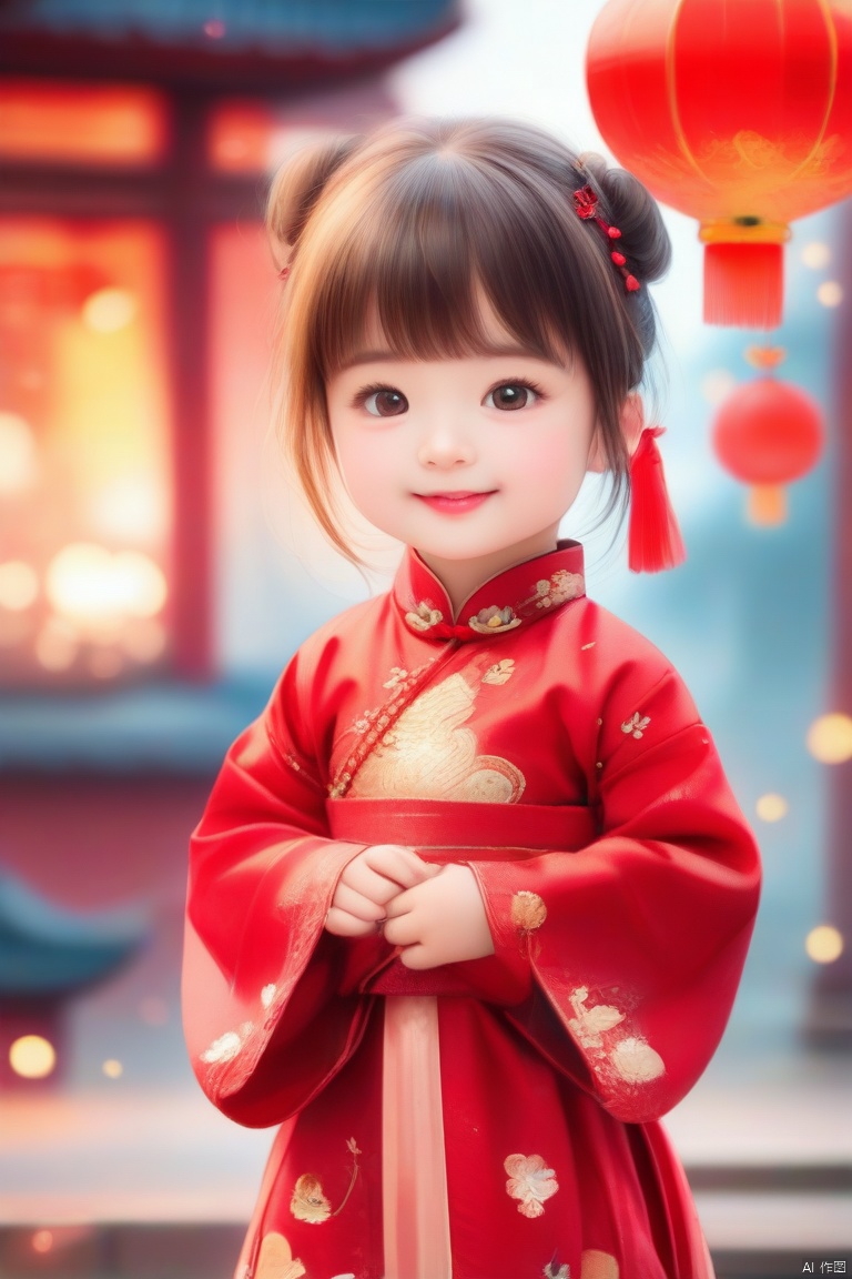 A little girl in Red Hanfu, New Year, festive, happy, red lantern, high resolution, added detail, background blur/Bokeh