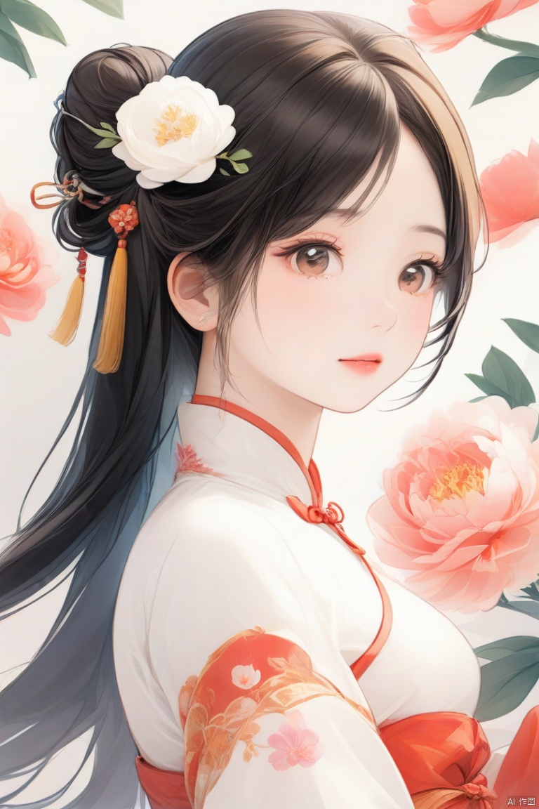 Chinese vector illustration, Masterpiece, 16k HD wallpaper, fine brush, a beauty, solo, long black hair (hairpin) , (float) , white dress (plain) , flower hair accessories, soft light, very high resolution, soft light, low saturation, light background of peony flower (low saturation)