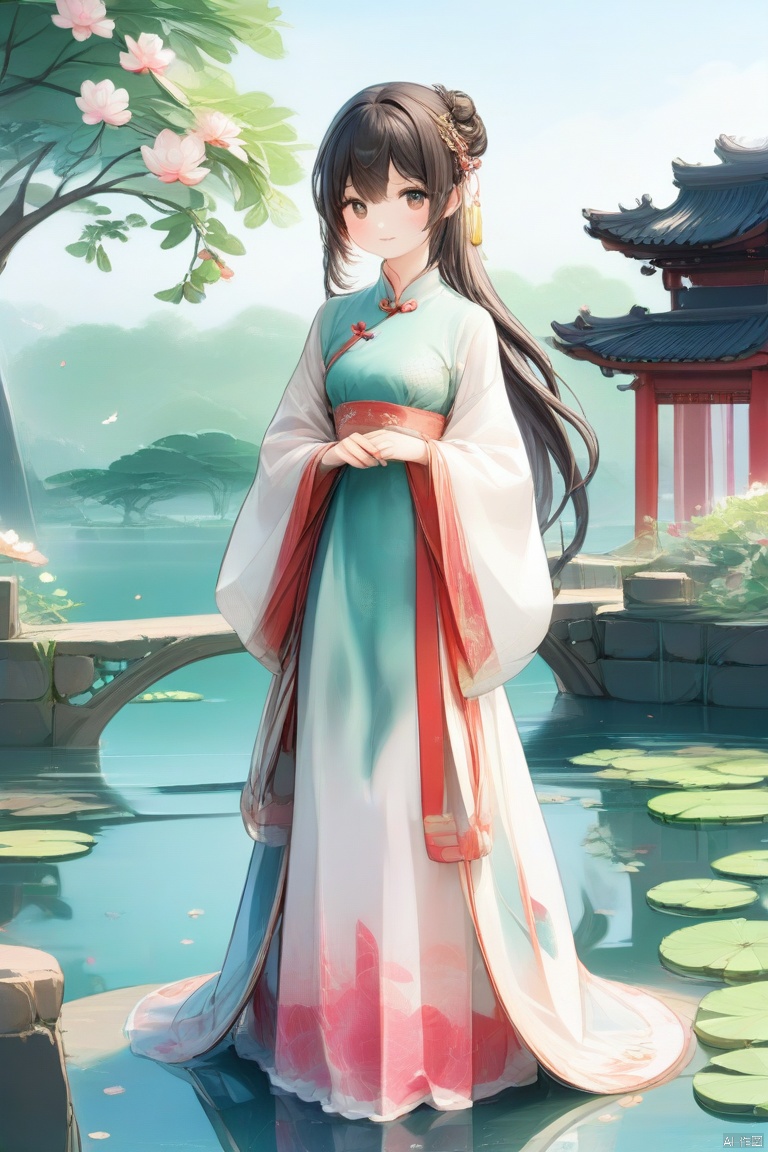 tie dyeing, bule theme, ((HRD, HUD, 8K)),((masterpiece, best quality)), highly detailed, soft light, GuoYun, long hair, black hair, 1girl, lily pad, flower, solo, hanfu, chinese clothes, lotus, water, outdoors, tree, scenery, dress, standing, very long hair, architecture, branch, green theme, bridge, petals, pond, long sleeves, wide sleeves, from behind,