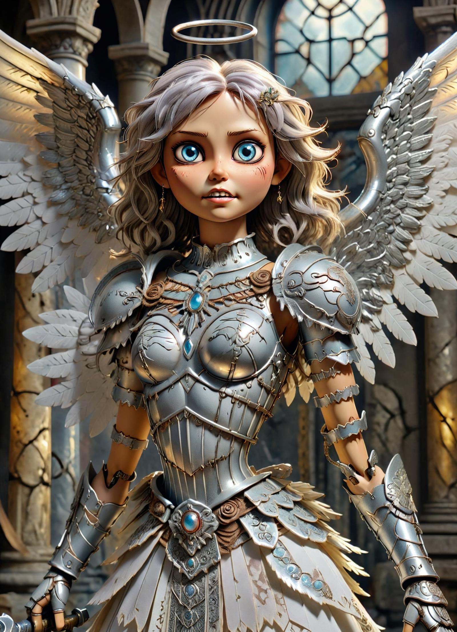 DonMCr33pyD0115XL angel,  female warrior maiden spirit,  ornamented shining silver armor and weaponry on Tensor.Art