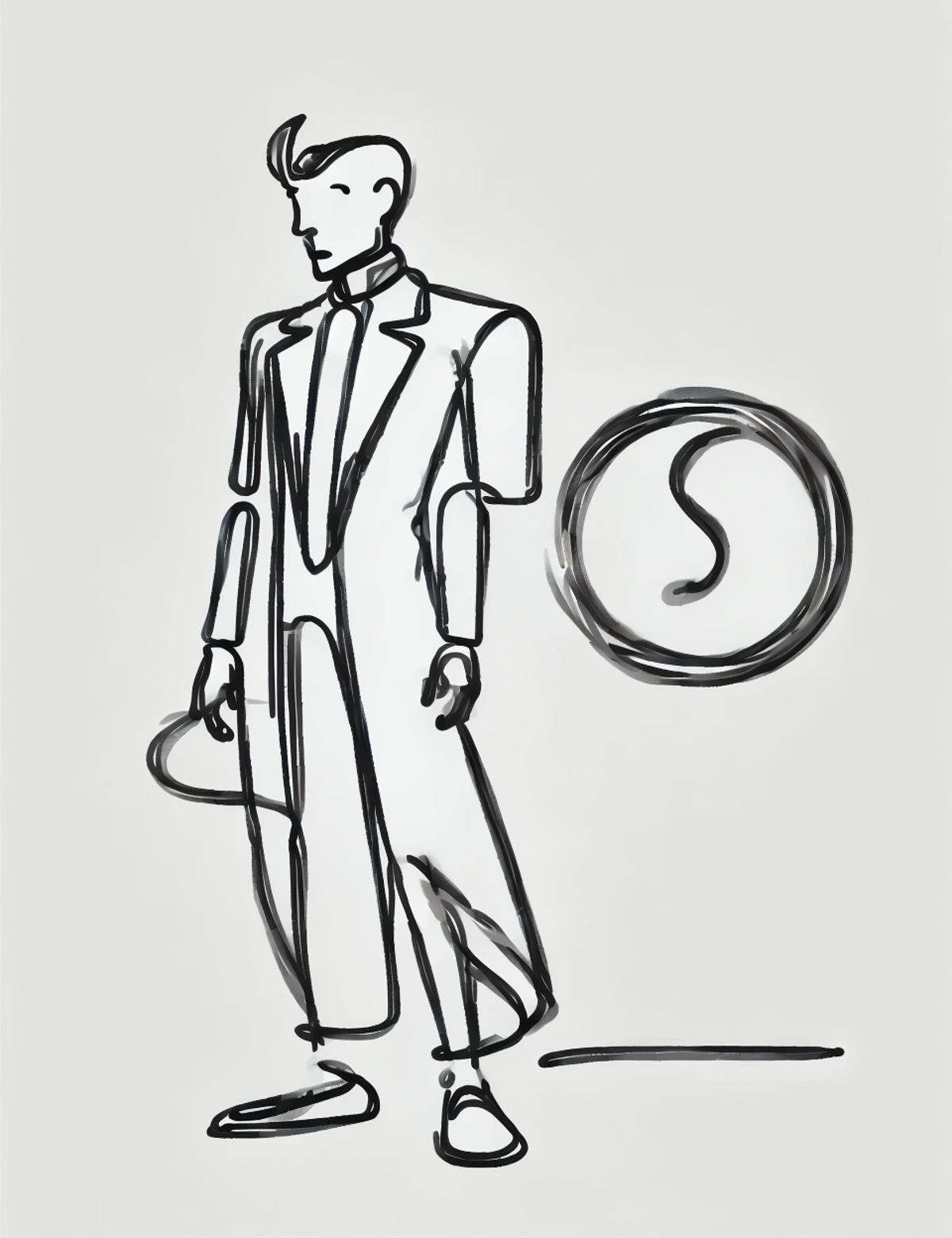 DonM0n3L1n3 one line drawing, male time traveler- clad in unique, futuristic suits or garments that reflect their time-traveling technology, beastmaster <lora:DonM0n3L1n3:0.8>