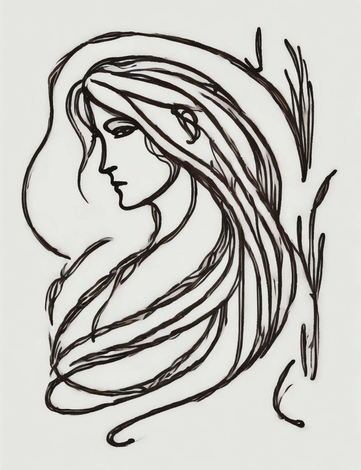 DonM0n3L1n3 one line drawing, ramanga, female humanoid creature, hidden tail, beautiful, alluring, long flowing hair covering part of the face, traditional attire, rustic clothing, back covered in bark, forest natural surroundings, seductive, mysterious forest spirit, benevolent, beyond  <lora:DonM0n3L1n3:0.8>