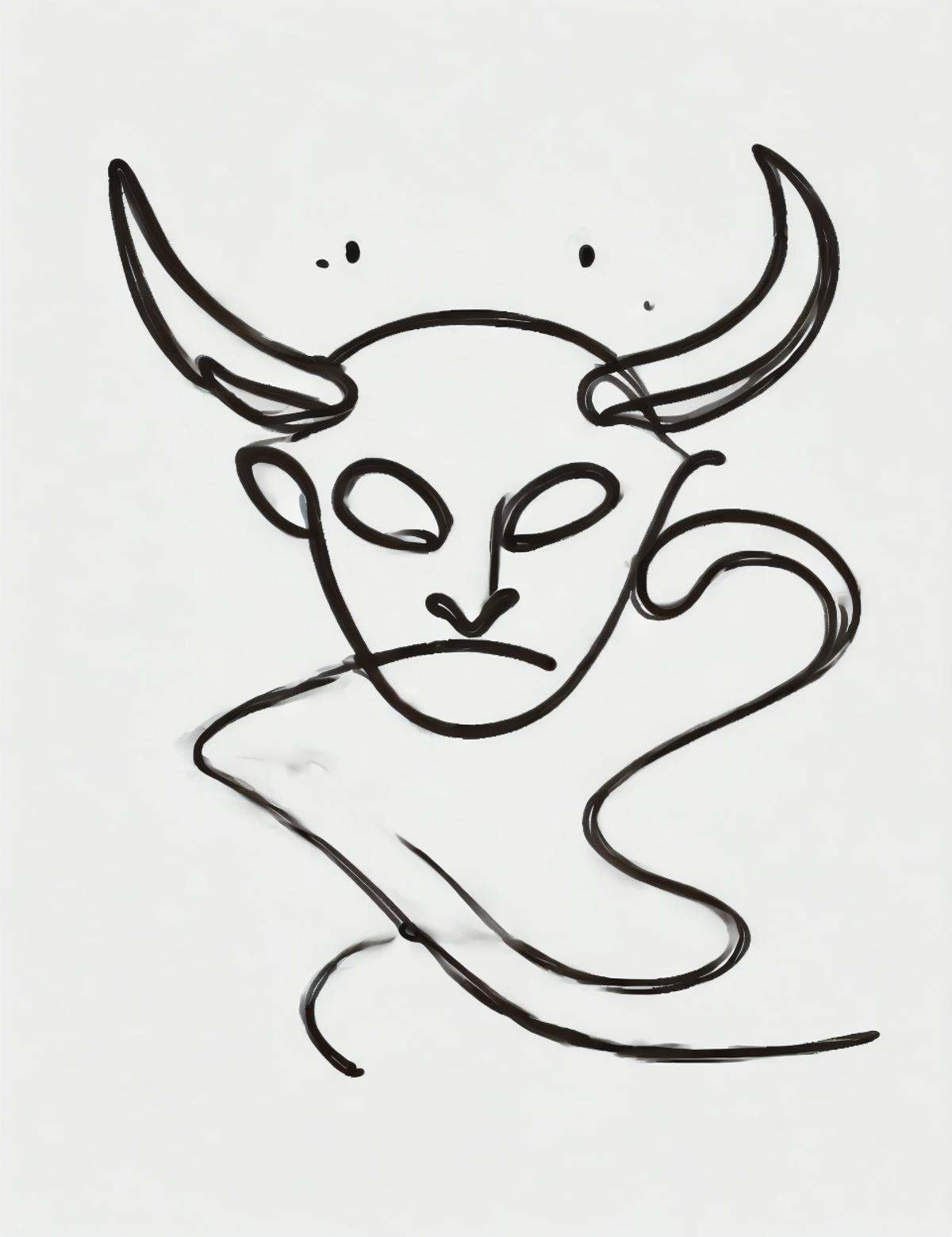 DonM0n3L1n3 one line drawing, imp, supernatural deity,anthropomorphic and zoomorphic features, ancient semitic canaanite, storms, bull's head, horns  <lora:DonM0n3L1n3:0.8>