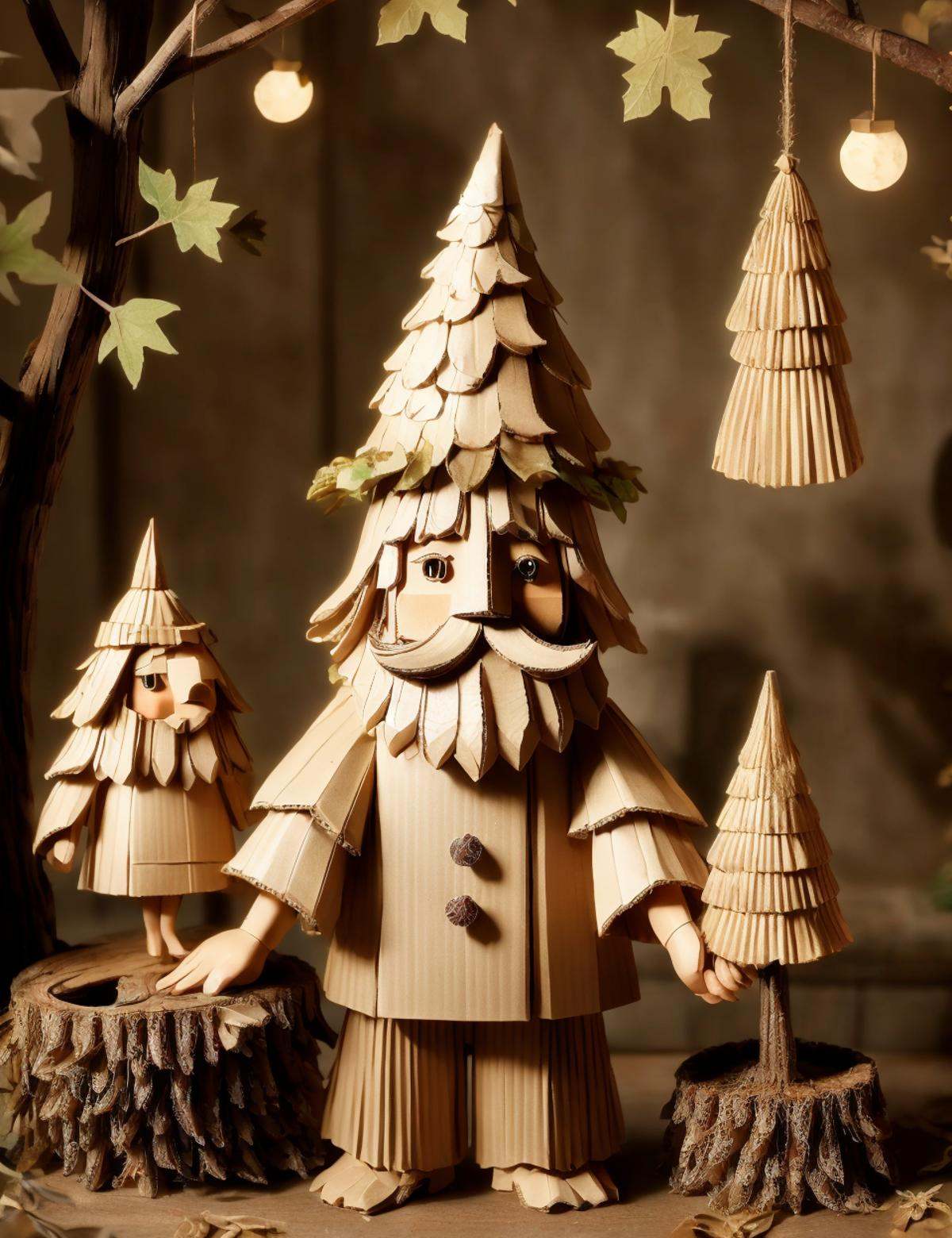 DonMC4rdB04rd cardboard, tree ent, mythical small gnome like beings, household spirits, dressed in traditional german clothing, pointy hat, beard, industrious helpful nature, perform household chores, night, benevolent diligent   <lora:DonMC4rdB04rd:0.8>