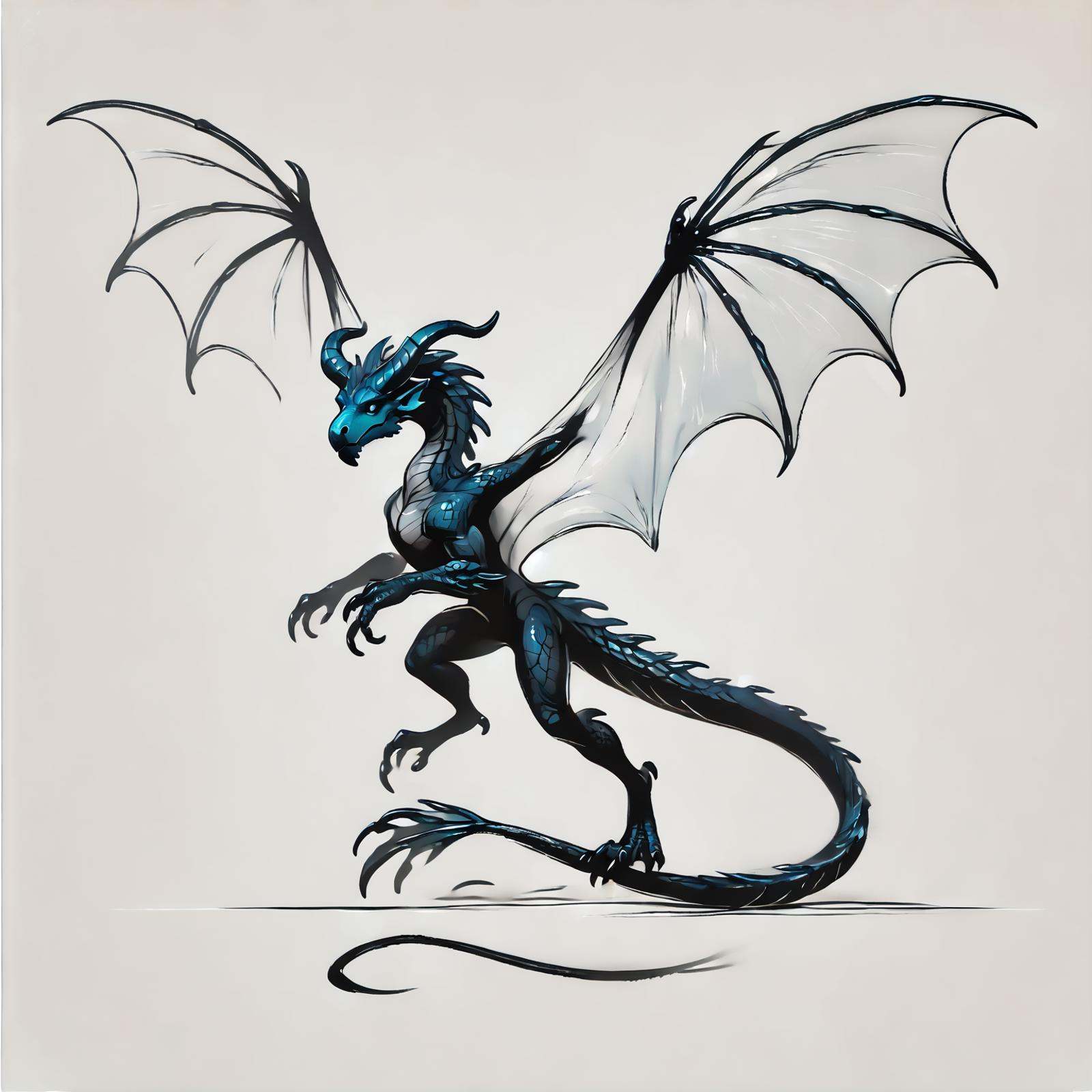 DonM0n3L1n3XL one line drawing, score_9, score_8_up, score_7_up, score_6_up,  a crystalline aqueous psionic coiled  Uragaan wyvern,  claws,  short muscular legs, twisted horns  pair of translucent wings, clubbed tails,  , rating_safe  <lora:DonM0n3L1n3XL-pony:1>