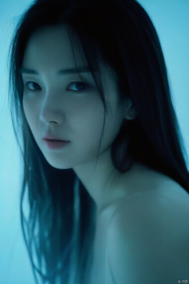 liangyi, 这张照片展示了一位头发湿漉漉的年轻女子,可能是在洗澡或淋浴时。她表情安详,眼睛直视着镜头。她的皮肤看起来很柔软有温和的光泽表明有水分。灯光柔和而漫射,营造出宁静祥和的氛围这个女人穿着一件透明的白色衣服,头发有点凌乱增添了这张照片的整体空灵氛围.