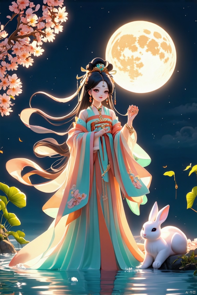 1girl, solo, long hair, looking at viewer, blush, smile, bangs, black hair, hair ornament, long sleeves, dress, holding, jewelry, standing, full body, flower, earrings, sky, hair flower, wide sleeves, water, night, animal, chinese clothes, moon, full moon, hair rings, rabbit, shawl, hagoromo, hanfu

