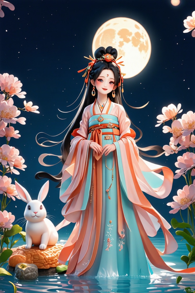 1girl, solo, long hair, looking at viewer, blush, smile, bangs, black hair, hair ornament, long sleeves, dress, holding, jewelry, standing, full body, flower, earrings, sky, hair flower, wide sleeves, water, night, animal, chinese clothes, moon, full moon, hair rings, rabbit, shawl, hagoromo, hanfu

