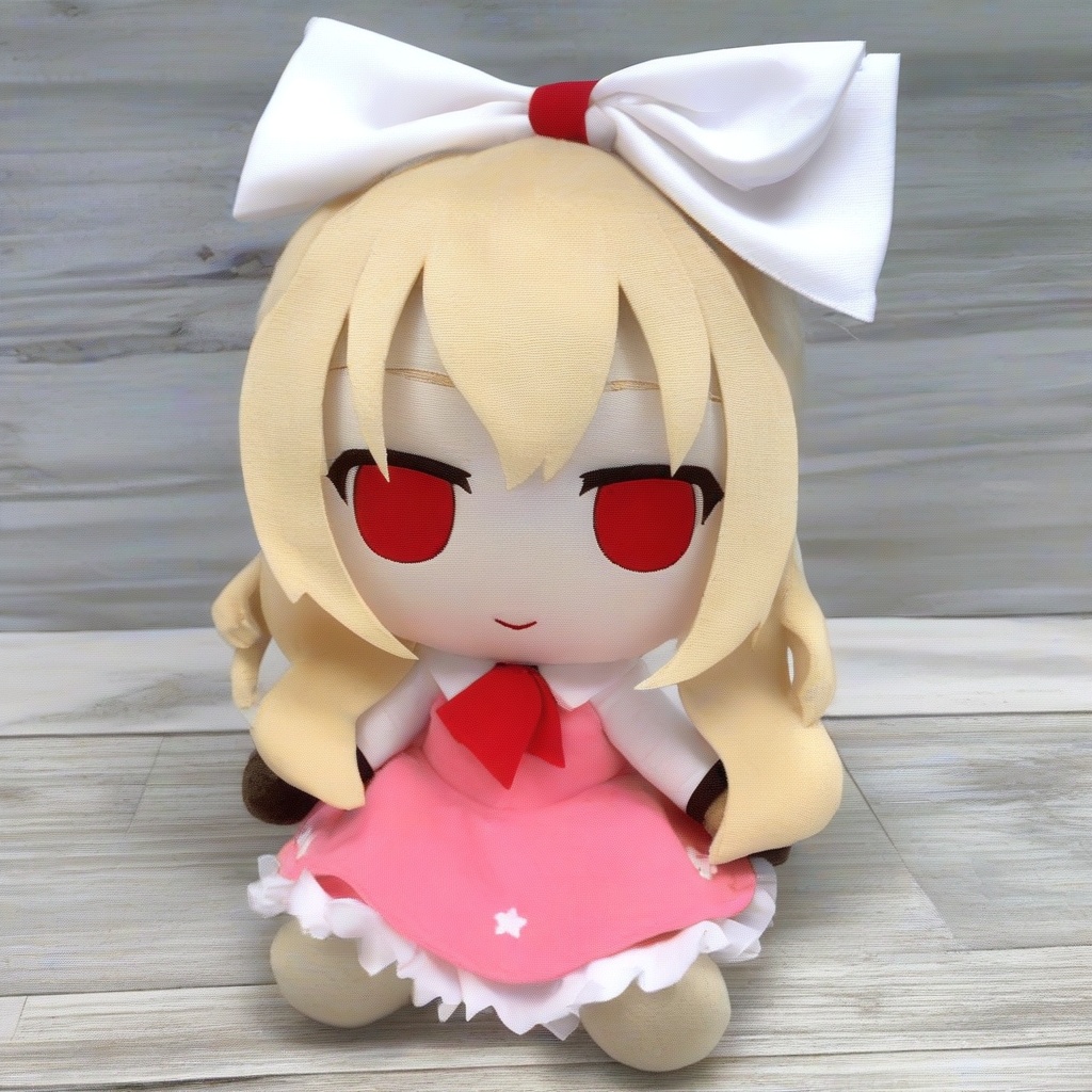 fabric doll,  A plush toy character with blonde hair and and red eyes. She has white bow with frills on her head. She wear...