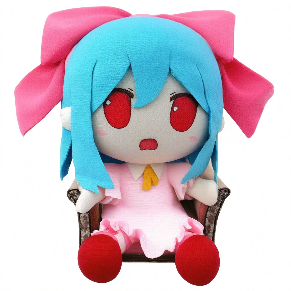 fabric doll,  A plush toy character with blue hair and red eyes. She is wearing a pink and white dress with a large pink b...
