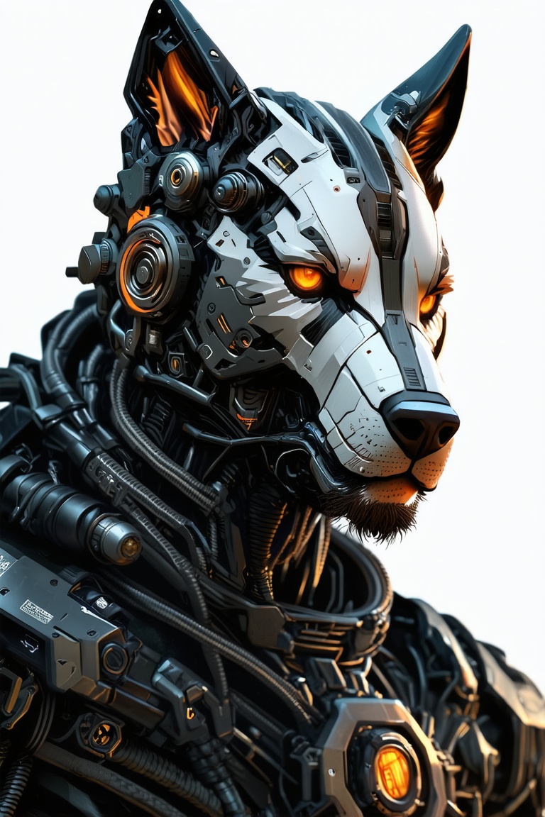 cyborg, solo, glowing, cable, science fiction, wolf,demihuman, orange eyes, android, robot, male focus, glowing eyes, facial hair, mechanical parts