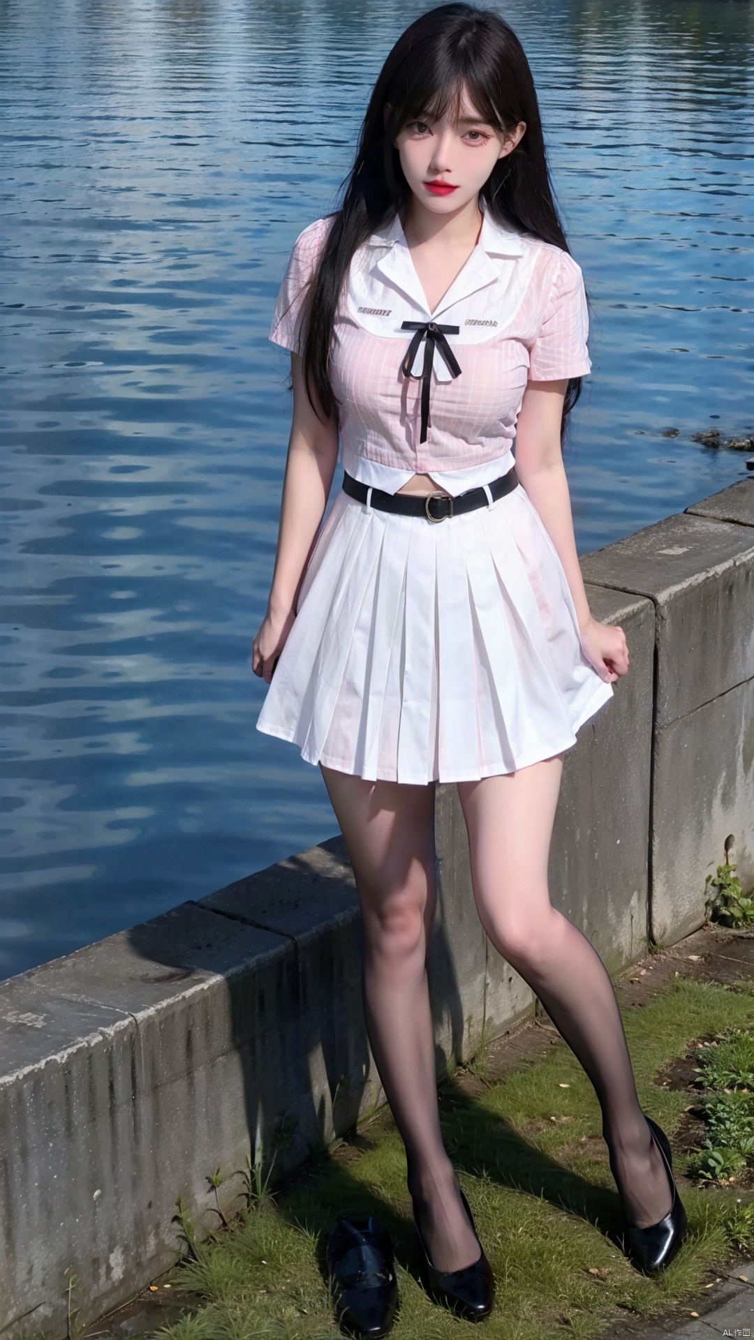 8k,(realistic:1.1), (photorealistic:1.1), (masterpiece:1.1), (best quality:1.1), RAW photo, highres, ultra detailed, High detail RAW color photo,professional photograph,masterpiece, best quality,realistic,1girl,red lip,(breasts,),((outdoors,shore:1.1)),looking at viewer,solo,beautiful detailed eyes,extremely beautiful face,school uniform,full body,black thighhighs,shirt,skirt,zfr
