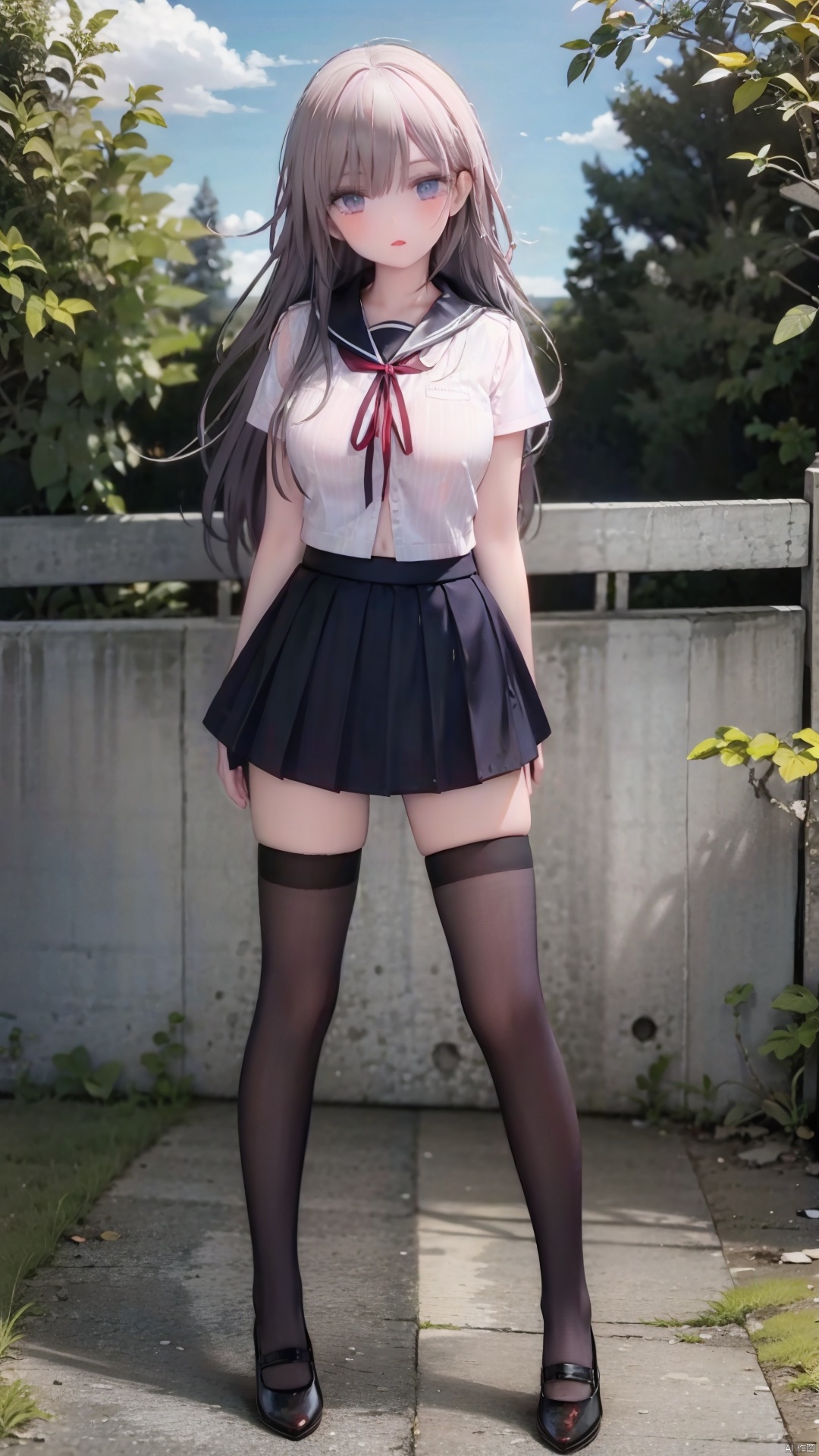 8k,(realistic:1.1), (photorealistic:1.1), (masterpiece:1.1), (best quality:1.1), RAW photo, highres, ultra detailed, High detail RAW color photo,professional photograph,masterpiece, best quality,realistic,1girl,red lip,(breasts,),((outdoors,shore:1.1)),looking at viewer,solo,beautiful detailed eyes,extremely beautiful face,school uniform,full body,black thighhighs,shirt,skirt,zfr