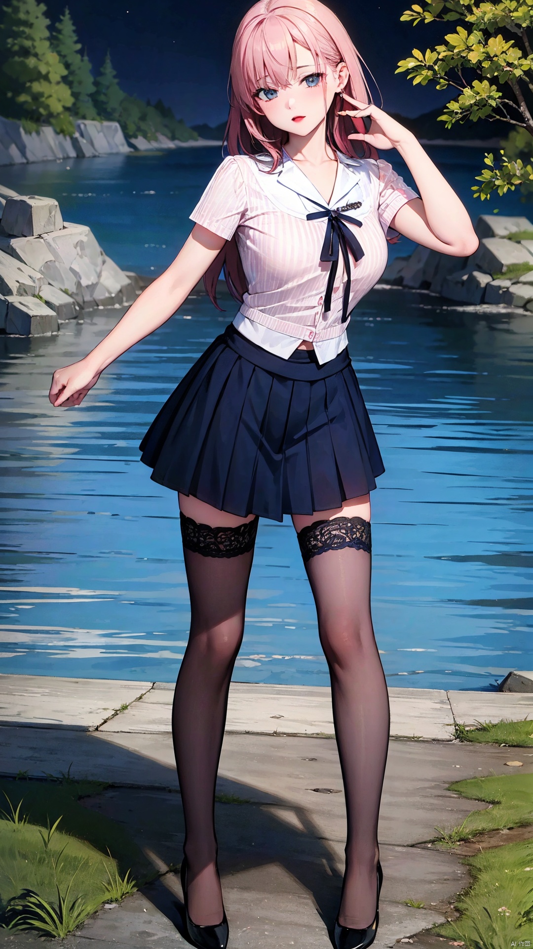8k,(realistic:1.1), (photorealistic:1.1), (masterpiece:1.1), (best quality:1.1), RAW photo, highres, ultra detailed, High detail RAW color photo,professional photograph,masterpiece, best quality,realistic,1girl,red lip,(breasts,),((outdoors,shore:1.1)),looking at viewer,solo,beautiful detailed eyes,extremely beautiful face,full body,black thighhighs,shirt,skirt