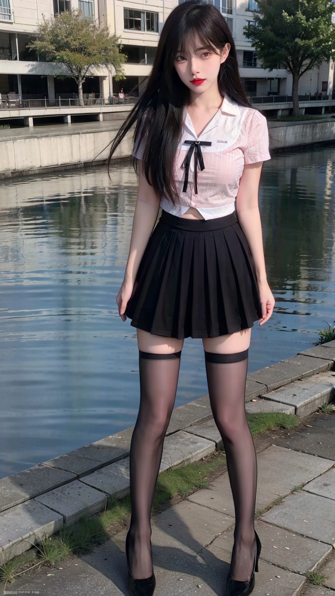 8k,(realistic:1.1), (photorealistic:1.1), (masterpiece:1.1), (best quality:1.1), RAW photo, highres, ultra detailed, High detail RAW color photo,professional photograph,masterpiece, best quality,realistic,1girl,red lip,(breasts,),((outdoors,shore:1.1)),looking at viewer,solo,beautiful detailed eyes,extremely beautiful face,school uniform,full body,black thighhighs,shirt,skirt,zfr