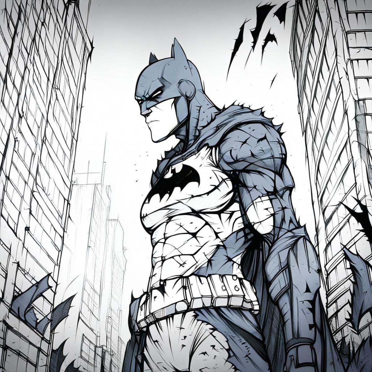 Evang,  Batman standing in a destroyed city street with torn clothing,  scars on Tensor.Art