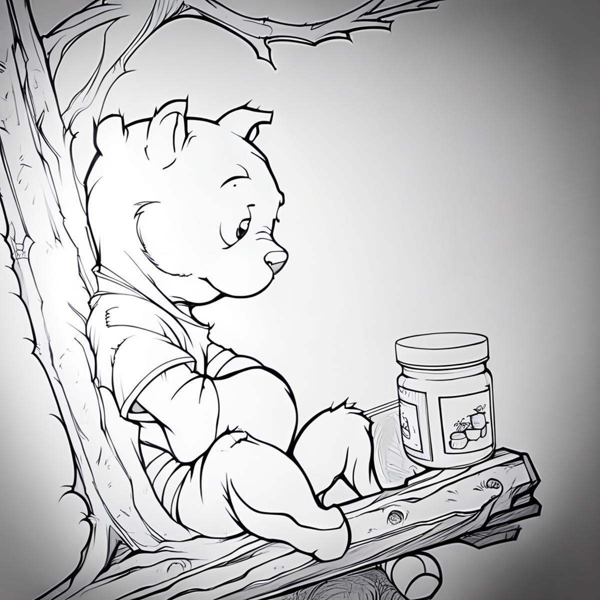 Winnie the Pooh sitting in a treehouse,  red shirt,  jars of honey on Tensor.Art