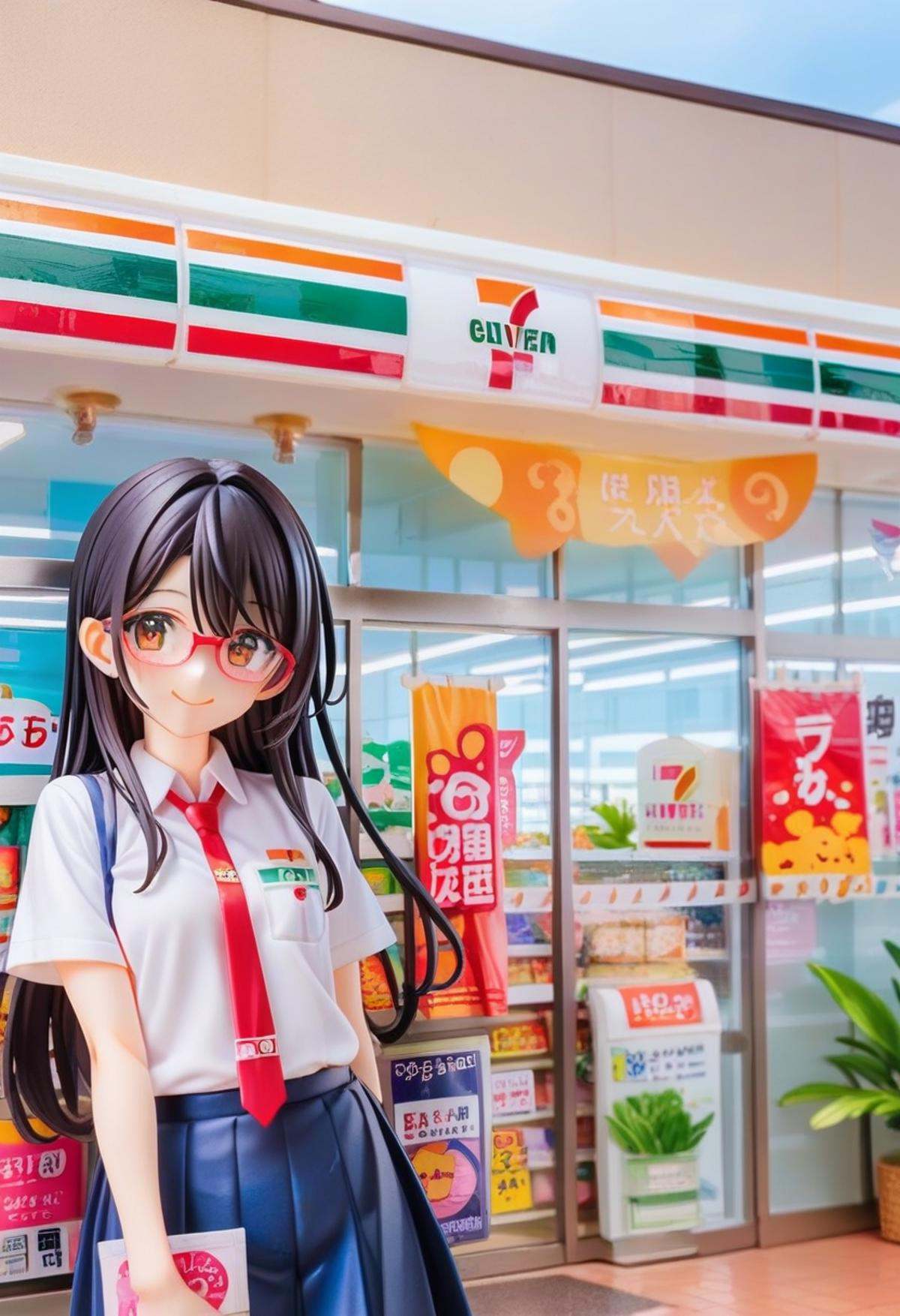 score_9, score_8_up, score_7_up, rating_safe, masterpiece, best quality, absurdres, unity 8k wallpaper, official art, official style, source_anime, uncensored, game cg, megami magazine,1girl, solo, glasses, black hair, long hair,  collared shirt, red necktie, pleated skirt, blue skirt, looking at viewer, blush, upper body, short sleeves, smile, happy,seveneleven, konbini, scenery, storefront, japan, shop, scenery, outdoors, convenience store, sky, plant, sign, building, storefront, day, real world location, blue sky<lora:7eleven_storefront_PONY_V1:1>