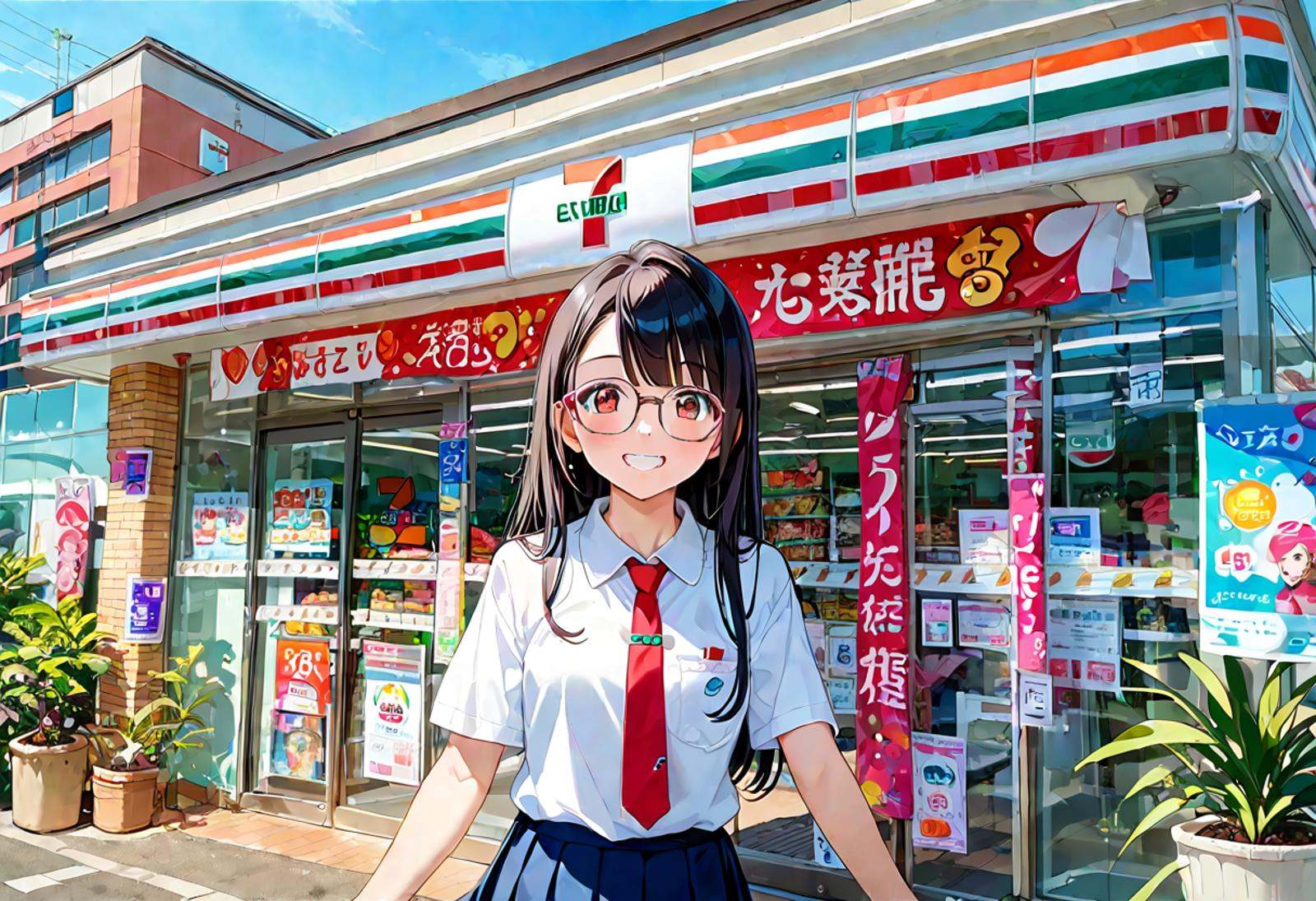 score_9, score_8_up, score_7_up, rating_safe, masterpiece, best quality, absurdres, unity 8k wallpaper, official art, official style, source_anime, uncensored, game cg, megami magazine,1girl, solo, glasses, black hair, long hair,  collared shirt, red necktie, pleated skirt, blue skirt, looking at viewer, blush, upper body, short sleeves, smile, happy, seveneleven, konbini, scenery, storefront, japan, shop, scenery, outdoors, convenience store, sky, plant, sign, building, storefront, day, real world location, blue sky <lora:7eleven_storefront_PONY_V1:1>