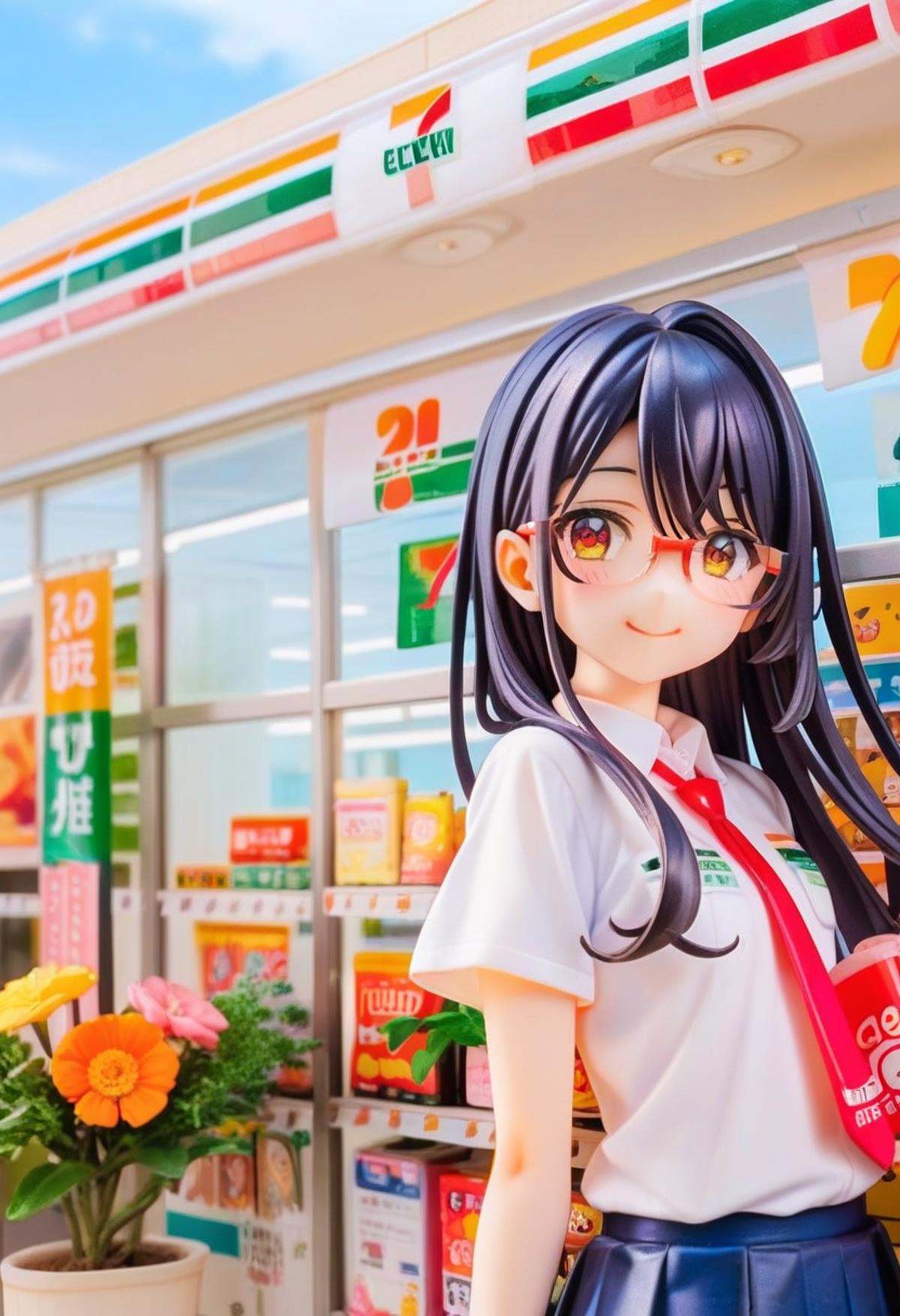 score_9, score_8_up, score_7_up, rating_safe, masterpiece, best quality, absurdres, unity 8k wallpaper, official art, official style, source_anime, uncensored, game cg, megami magazine,1girl, solo, glasses, black hair, long hair,  collared shirt, red necktie, pleated skirt, blue skirt, looking at viewer, blush, upper body, short sleeves, smile, happy,seveneleven, konbini, scenery, storefront, japan, shop, scenery, outdoors, convenience store, sky, plant, sign, building, storefront, day, real world location, blue sky<lora:7eleven_storefront_PONY_V1:1>