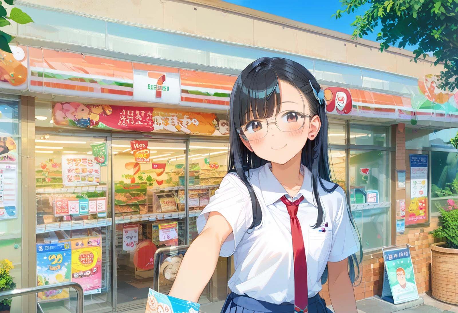 score_9, score_8_up, score_7_up, rating_safe, masterpiece, best quality, absurdres, unity 8k wallpaper, official art, official style, source_anime, uncensored, game cg, megami magazine,1girl, solo, glasses, black hair, long hair,  collared shirt, red necktie, pleated skirt, blue skirt, looking at viewer, blush, upper body, short sleeves, smile, happy, seveneleven, konbini, scenery, storefront, japan, shop, scenery, outdoors, convenience store, sky, plant, sign, building, storefront, day, real world location, blue sky <lora:7eleven_storefront_PONY_V1:1>