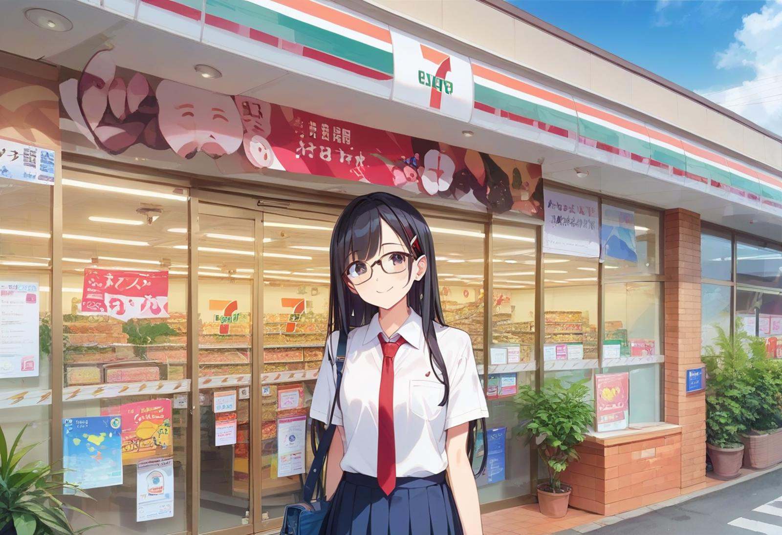 score_9, score_8_up, score_7_up, rating_safe, masterpiece, best quality, absurdres, unity 8k wallpaper, official art, official style, source_anime, uncensored, game cg, megami magazine,1girl, solo, glasses, black hair, long hair,  collared shirt, red necktie, pleated skirt, blue skirt, looking at viewer, blush, upper body, short sleeves, smile, happy, seveneleven, konbini, scenery, storefront, japan, shop, scenery, outdoors, convenience store, sky, plant, sign, building, storefront, day, real world location, blue sky <lora:7eleven_storefront_PONY_V1:1>