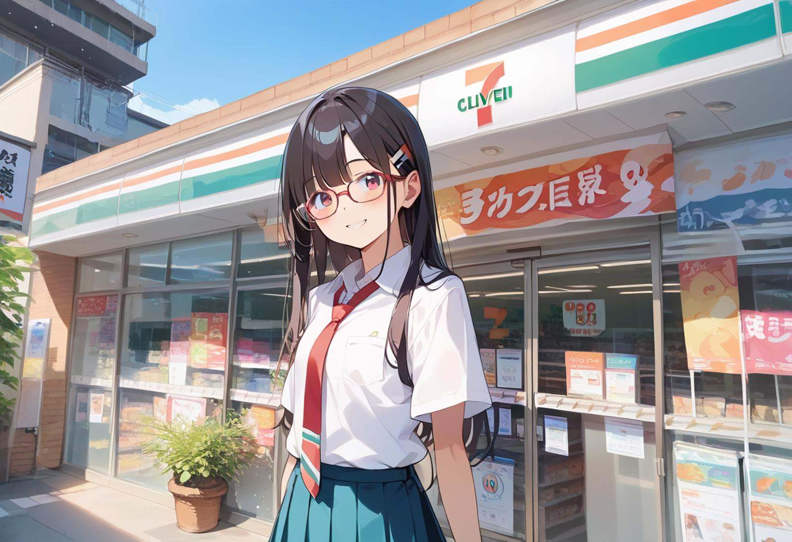score_9, score_8_up, score_7_up, rating_safe, masterpiece, best quality, absurdres, unity 8k wallpaper, official art, official style, source_anime, uncensored, game cg, megami magazine,1girl, solo, glasses, black hair, long hair,  collared shirt, red necktie, pleated skirt, blue skirt, looking at viewer, blush, upper body, short sleeves, smile, happy, seveneleven, konbini, scenery, storefront, japan, shop, scenery, outdoors, convenience store, sky, plant, sign, building, storefront, day, real world location, blue sky <lora:7eleven_storefront_PONY_V1:1>