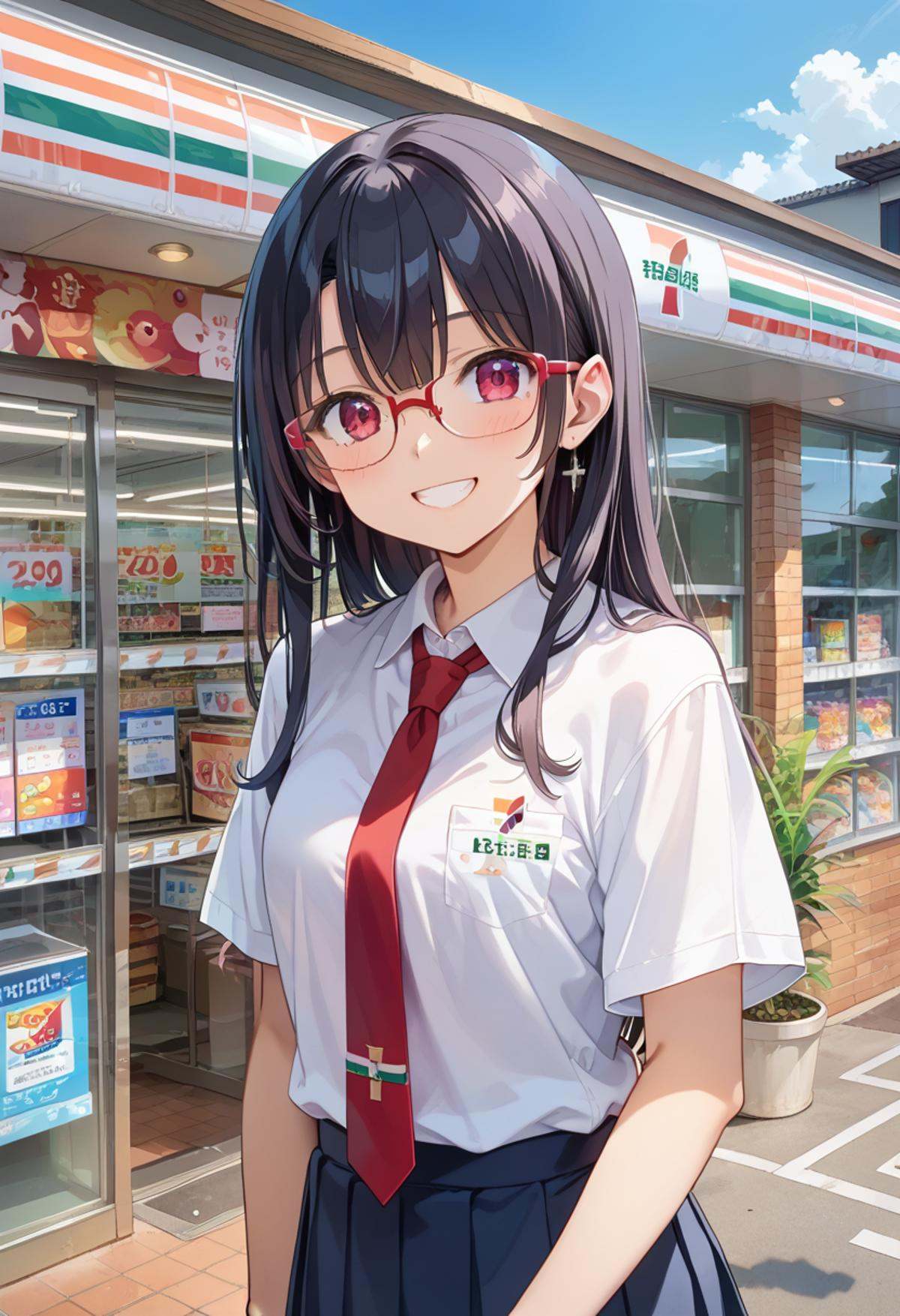 score_9, score_8_up, score_7_up, rating_safe, masterpiece, best quality, absurdres, unity 8k wallpaper, official art, official style, source_anime, uncensored, game cg, megami magazine,1girl, solo, glasses, black hair, long hair,  collared shirt, red necktie, pleated skirt, blue skirt, looking at viewer, blush, upper body, short sleeves, smile, happy,seveneleven, konbini, scenery, storefront, japan, shop, scenery, outdoors, convenience store, sky, plant, sign, building, storefront, day, real world location, blue sky<lora:7eleven_storefront_PONY_V1:1>