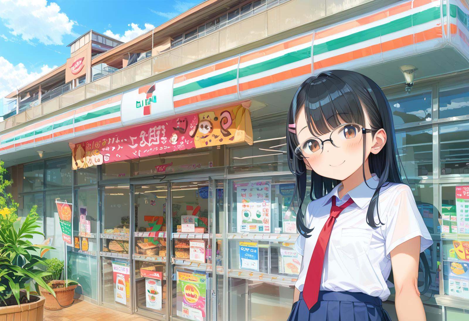score_9, score_8_up, score_7_up, rating_safe, masterpiece, best quality, absurdres, unity 8k wallpaper, official art, official style, source_anime, uncensored, game cg, megami magazine,1girl, solo, glasses, black hair, long hair,  collared shirt, red necktie, pleated skirt, blue skirt, looking at viewer, blush, upper body, short sleeves, smile, happy, seveneleven, konbini, scenery, storefront, japan, shop, scenery, outdoors, convenience store, sky, plant, sign, building, storefront, day, real world location, blue sky <lora:7eleven_storefront_PONY_V1:1>
