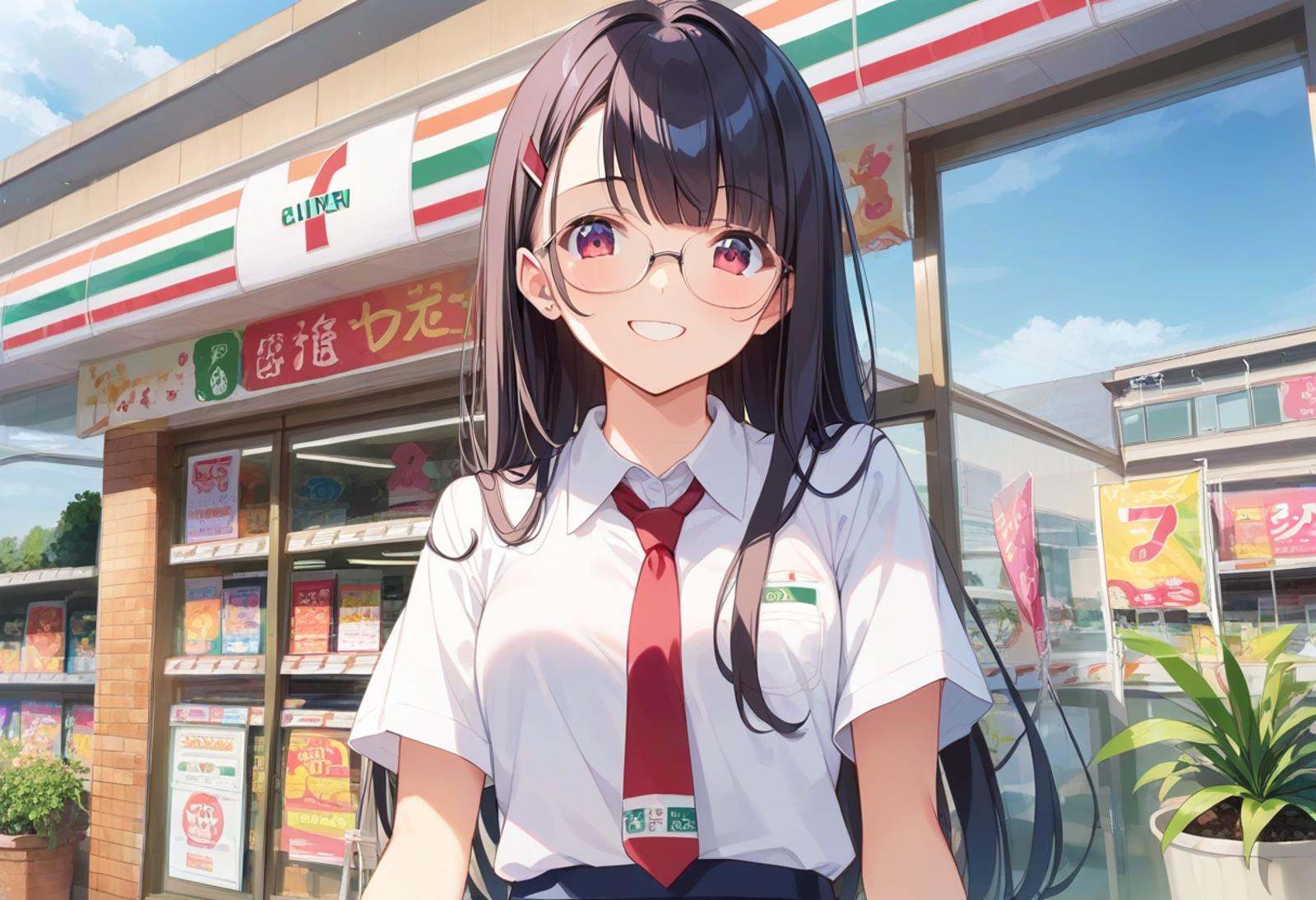 score_9, score_8_up, score_7_up, rating_safe, masterpiece, best quality, absurdres, unity 8k wallpaper, official art, official style, source_anime, uncensored, game cg, megami magazine,1girl, solo, glasses, black hair, long hair,  collared shirt, red necktie, pleated skirt, blue skirt, looking at viewer, blush, upper body, short sleeves, smile, happy, seveneleven, konbini, scenery, storefront, japan, shop, scenery, outdoors, convenience store, sky, plant, sign, building, storefront, day, real world location, blue sky <lora:7eleven_storefront_PONY_V1:1>