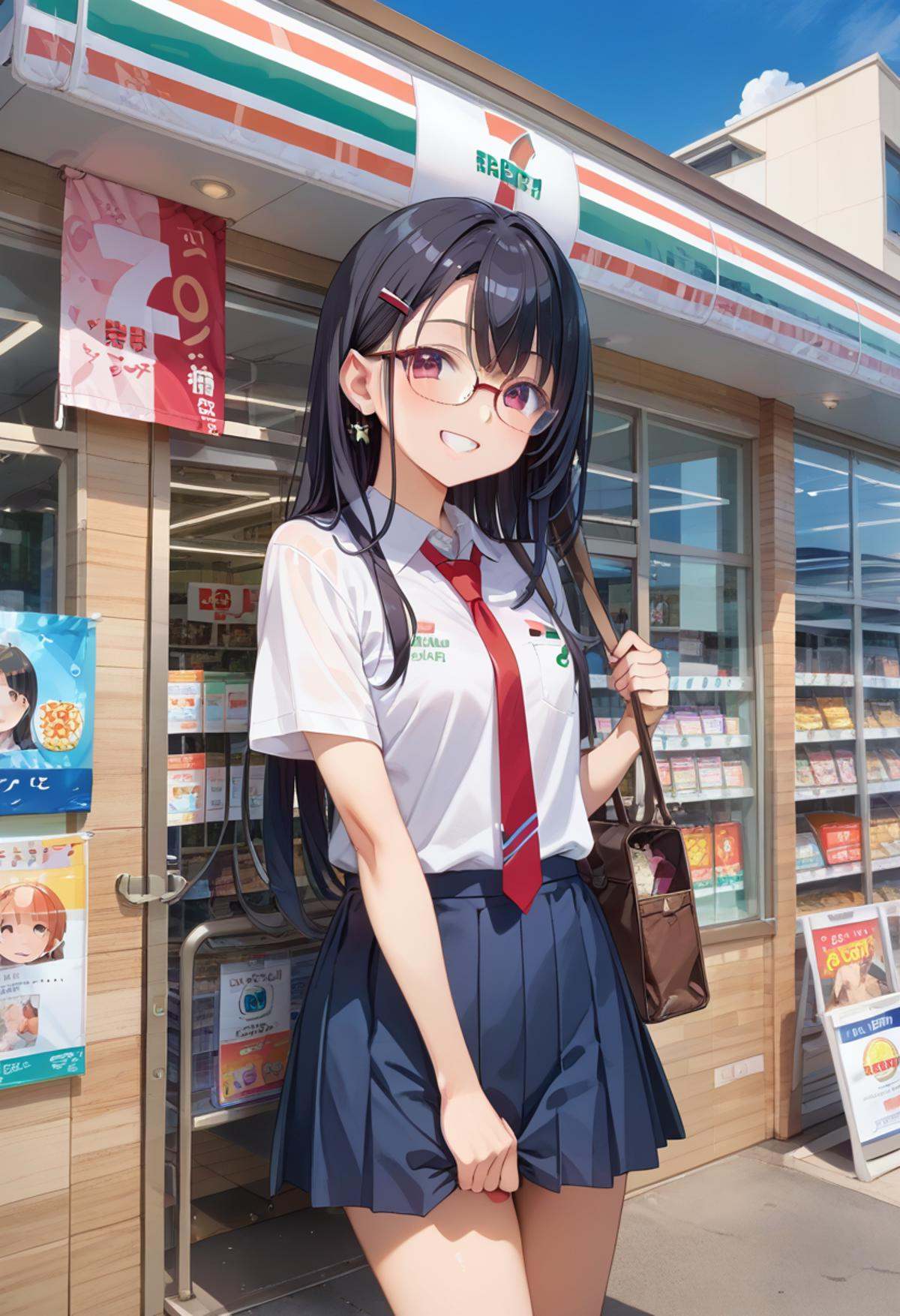 score_9, score_8_up, score_7_up, rating_safe, masterpiece, best quality, absurdres, unity 8k wallpaper, official art, official style, source_anime, uncensored, game cg, megami magazine,1girl, solo, glasses, black hair, long hair,  collared shirt, red necktie, pleated skirt, blue skirt, looking at viewer, blush, upper body, short sleeves, smile, happy,seveneleven, konbini, scenery, storefront, japan, shop, scenery, outdoors, convenience store, sky, plant, sign, building, storefront, day, real world location, blue sky<lora:7eleven_storefront_PONY_V1:1>