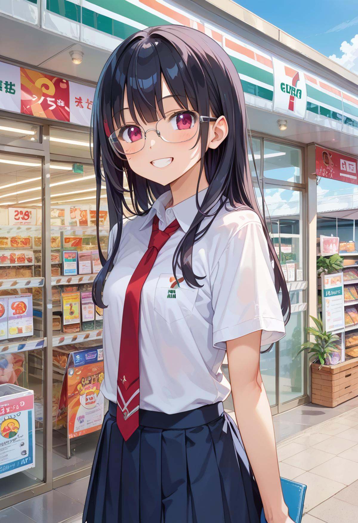 score_9, score_8_up, score_7_up, rating_safe, masterpiece, best quality, absurdres, unity 8k wallpaper, official art, official style, source_anime, uncensored, game cg, megami magazine,1girl, solo, glasses, black hair, long hair,  collared shirt, red necktie, pleated skirt, blue skirt, looking at viewer, blush, upper body, short sleeves, smile, happy,seveneleven, konbini, scenery, storefront, japan, shop, scenery, outdoors, convenience store, sky, plant, sign, building, storefront, day, real world location, blue sky<lora:7eleven_storefront_PONY_V1:1>