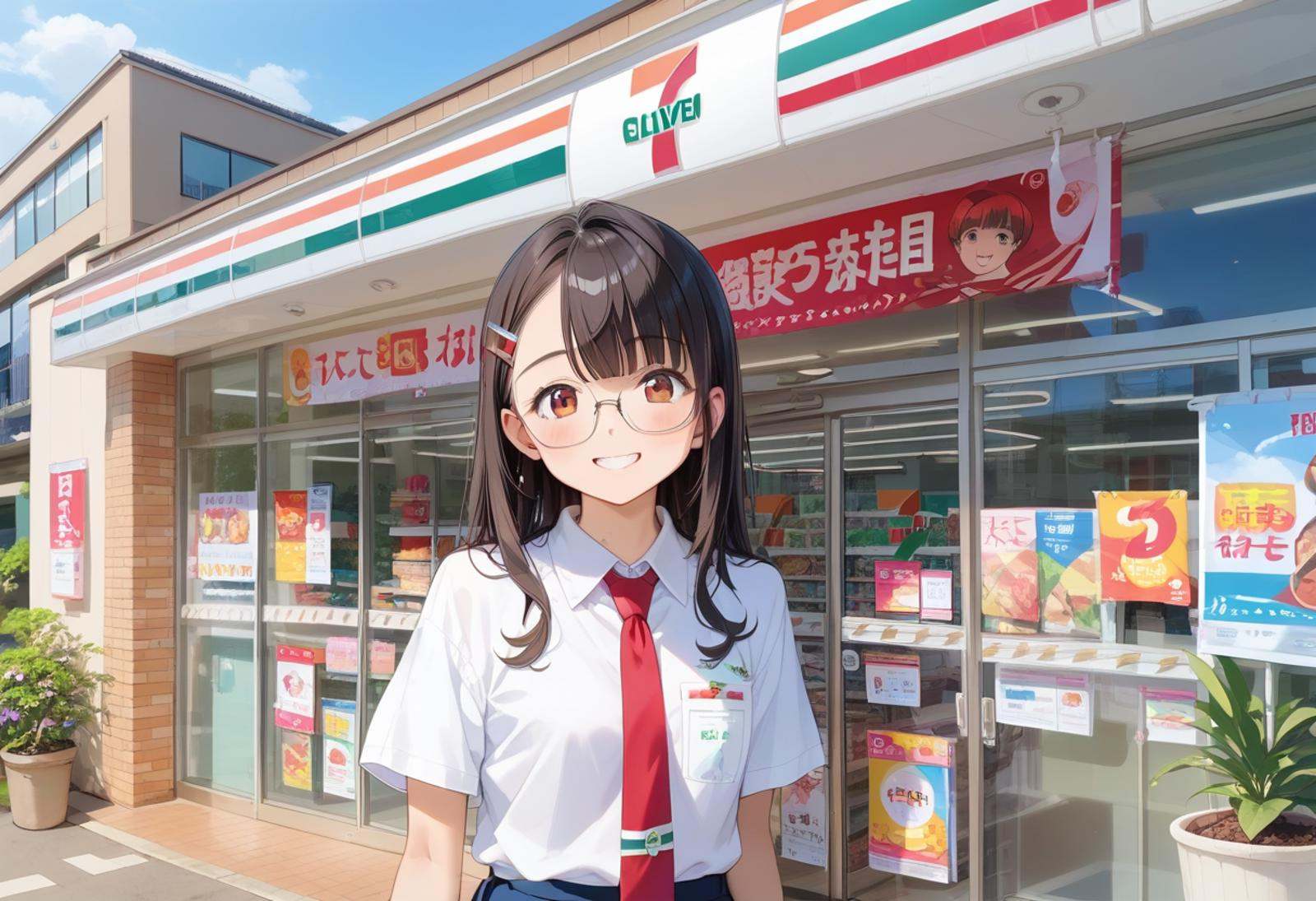 score_9, score_8_up, score_7_up, rating_safe, masterpiece, best quality, absurdres, unity 8k wallpaper, official art, official style, source_anime, uncensored, game cg, megami magazine,1girl, solo, glasses, black hair, long hair,  collared shirt, red necktie, pleated skirt, blue skirt, looking at viewer, blush, upper body, short sleeves, smile, happy, seveneleven, konbini, scenery, storefront, japan, shop, scenery, outdoors, convenience store, sky, plant, sign, building, storefront, day, real world location, blue sky <lora:7eleven_storefront_PONY_V1:1>