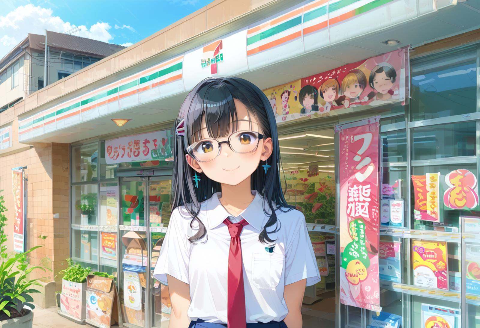 score_9, score_8_up, score_7_up, rating_safe, masterpiece, best quality, absurdres, unity 8k wallpaper, official art, official style, source_anime, uncensored, game cg, megami magazine,1girl, solo, glasses, black hair, long hair,  collared shirt, red necktie, pleated skirt, blue skirt, looking at viewer, blush, upper body, short sleeves, smile, happy, seveneleven, konbini, scenery, storefront, japan, shop, scenery, outdoors, convenience store, sky, plant, sign, building, storefront, day, real world location, blue sky <lora:7eleven_storefront_PONY_V1:1>