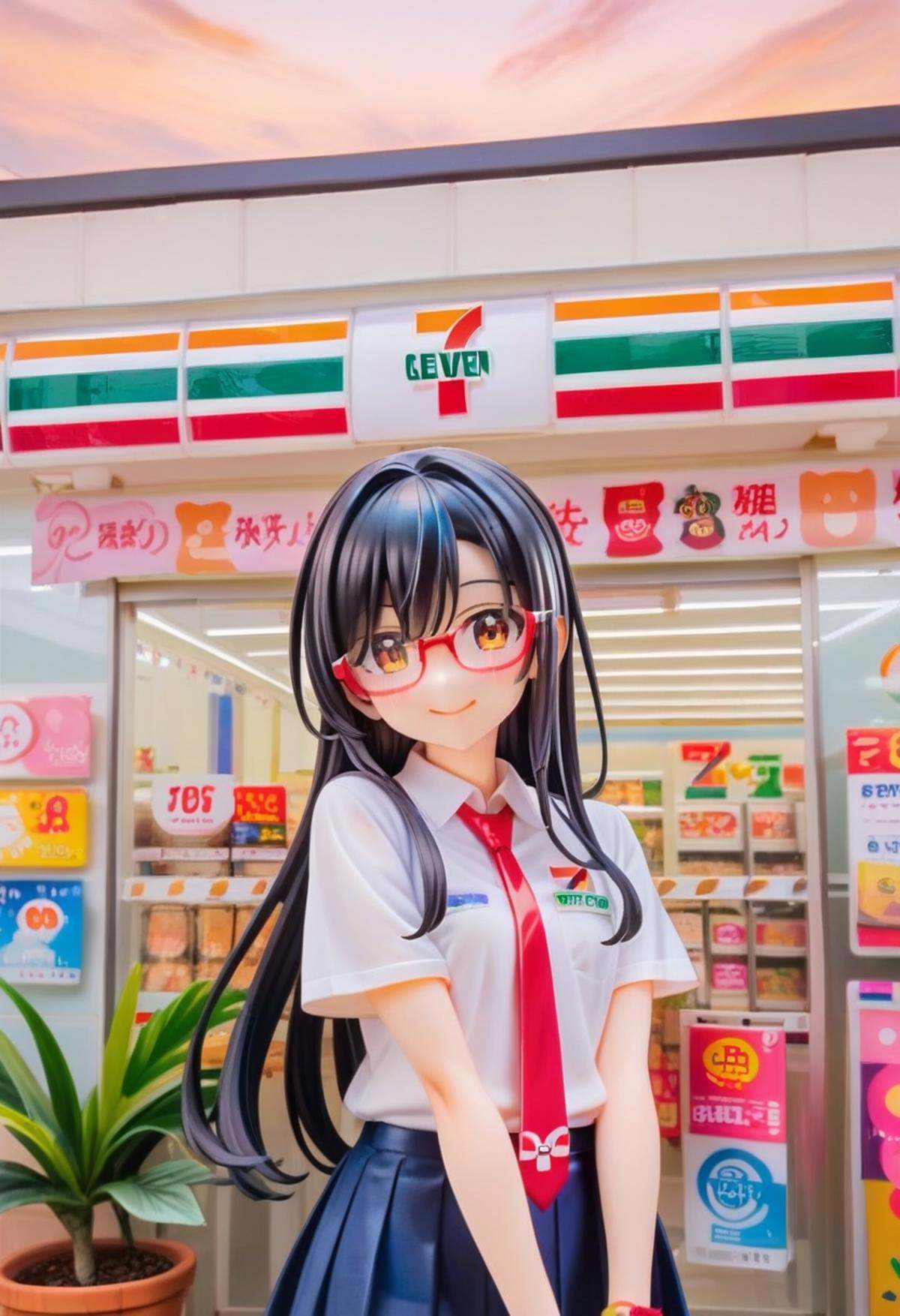 score_9, score_8_up, score_7_up, rating_safe, masterpiece, best quality, absurdres, unity 8k wallpaper, official art, official style, source_anime, uncensored, game cg, megami magazine,1girl, solo, glasses, black hair, long hair,  collared shirt, red necktie, pleated skirt, blue skirt, looking at viewer, blush, upper body, short sleeves, smile, happy,seveneleven, konbini, scenery, storefront, japan, shop, scenery, outdoors, convenience store, sky, plant, sign, building, storefront, day, real world location, blue sky<lora:7eleven_storefront_PONY_V1:1>