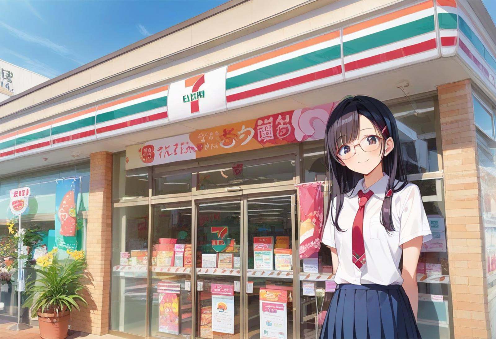 score_9, score_8_up, score_7_up, rating_safe, masterpiece, best quality, absurdres, unity 8k wallpaper, official art, official style, source_anime, uncensored, game cg, megami magazine,1girl, solo, glasses, black hair, long hair,  collared shirt, red necktie, pleated skirt, blue skirt, looking at viewer, blush, upper body, short sleeves, smile, happy, seveneleven, konbini, scenery, storefront, japan, shop, scenery, outdoors, convenience store, sky, plant, sign, building, storefront, day, real world location, blue sky <lora:7eleven_storefront_PONY_V1:1>