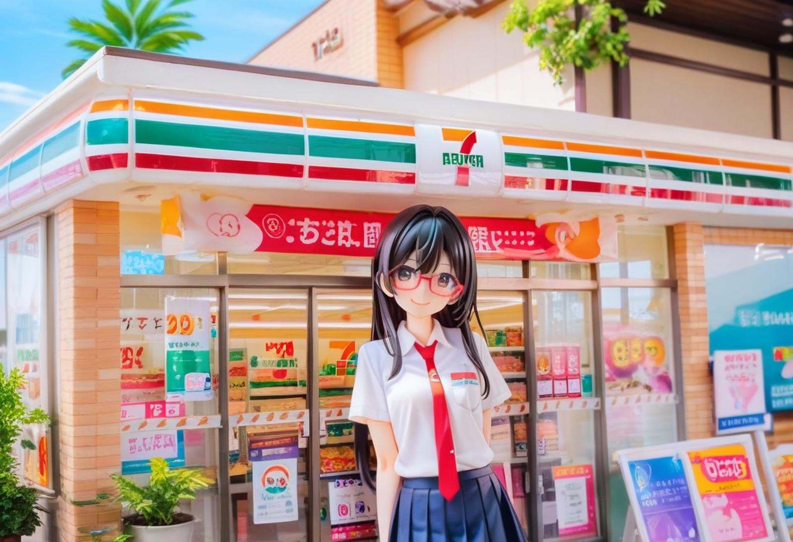 score_9, score_8_up, score_7_up, rating_safe, masterpiece, best quality, absurdres, unity 8k wallpaper, official art, official style, source_anime, uncensored, game cg, megami magazine,1girl, solo, glasses, black hair, long hair,  collared shirt, red necktie, pleated skirt, blue skirt, looking at viewer, blush, upper body, short sleeves, smile, happy,seveneleven, konbini, scenery, storefront, japan, shop, scenery, outdoors, convenience store, sky, plant, sign, building, storefront, day, real world location, blue sky<lora:7eleven_storefront_PONY_V1:1>
