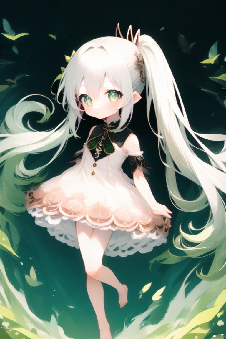 score_4, score_3, score_2, score_1,(masterpiece),(best quality),illustration,ultra detailed,hdr,loli,1girl,hair rings, solo,petite, long hair, very long hair, absurdly long hair, barefoot, looking at viewer, symbol-shaped pupils, white hair, dress, bangs, green eyes, full body, breasts,cross-shaped pupils, hair ornament, white hair, green hair, gradient hair, white dress, nahida (genshin impact)