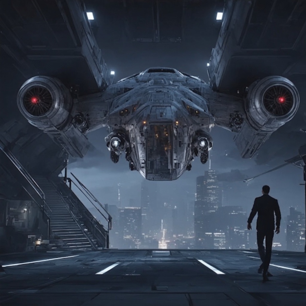 ((Ultra-realistic)) photo of a starship landed on a futuristic city building top,  landing legs,  jet engines on wings on...