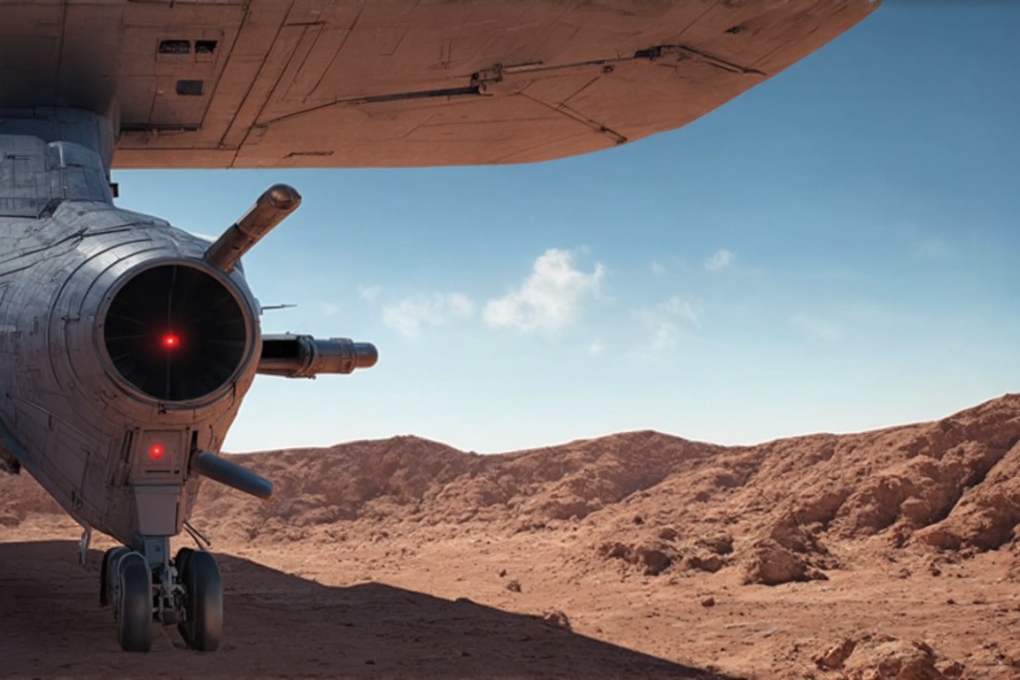 ((Ultra-realistic)) photo of a aircraft parked on a desert,  landing bridge,  jet engine on wing on Tensor.Art