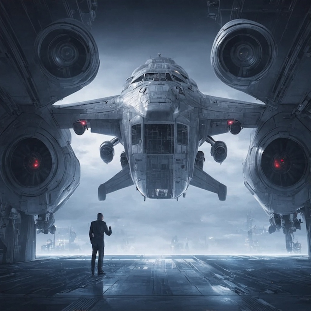 ((Ultra-realistic)) photo of a aircraft landed on a futuristic city building top,  landing legs,  jet engines on wings on...