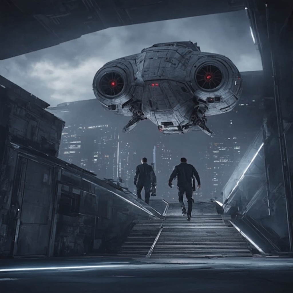 ((Ultra-realistic)) photo of a starship landed on a futuristic city building top,  landing legs,  jet engines on wings on...