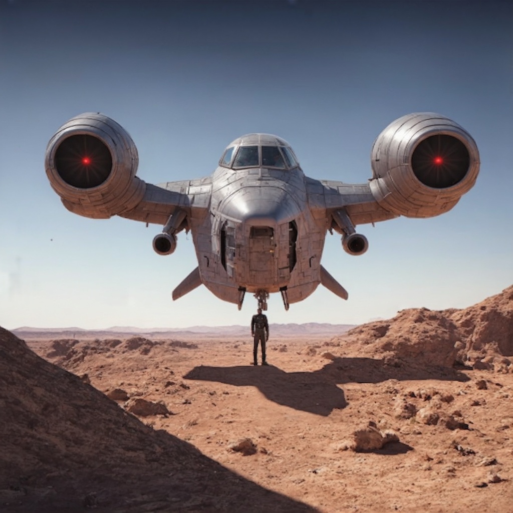 ((Ultra-realistic)) photo of a aircraft landed on a desert,  landing legs,  jet engines on wings on Tensor.Art