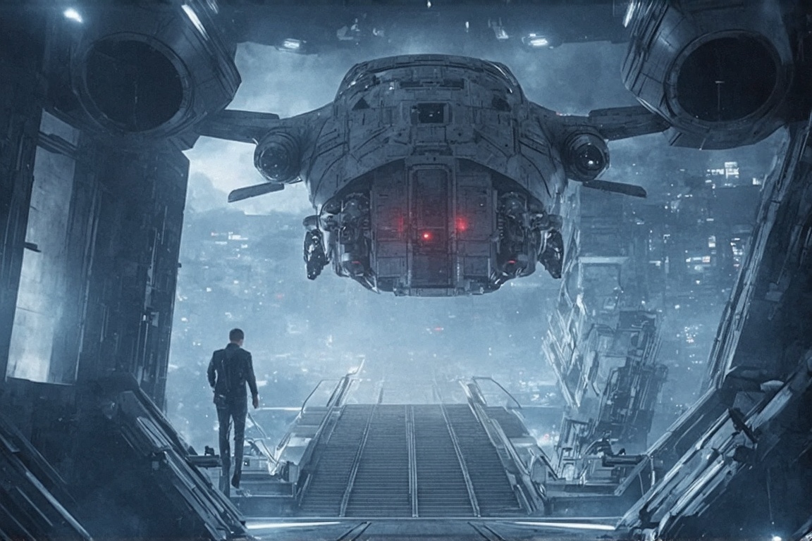 ((Ultra-realistic)) photo of a starship landed on a futuristic city building top,  landing legs,  jet engines on wings on...