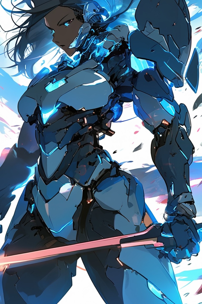 A female cyborg warrior with sleek metallic armor and energy blades,  in a dynamic battle pose,  anime style on Tensor.Art