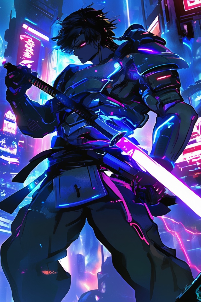 A male samurai in futuristic armor with neon accents,  wielding an energy katana,  in a dramatic battle pose on Tensor.Art