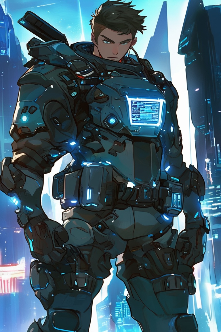 A young male bounty hunter in a tactical suit with holographic displays,  armed with high-tech weapons,  anime style on Te...